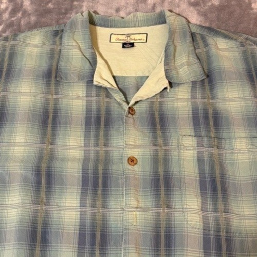 Tommy Bahama Mens XL 100% Silk Plaid Short Sleeve Shirt Button Down Blue Green